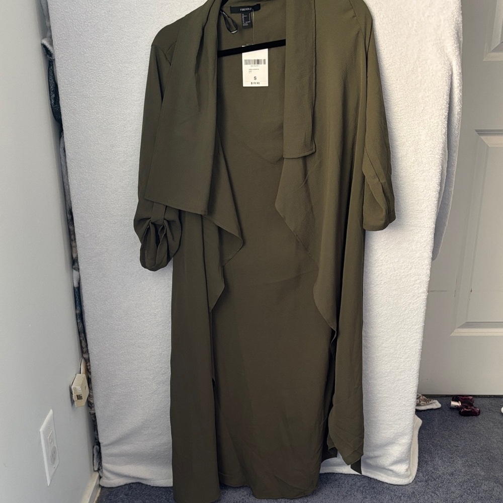 Olive Green Long Open Cardigan